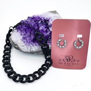 So Rachel Silver Hoops Earrings & Chunky Black Chain Link Collar Necklace